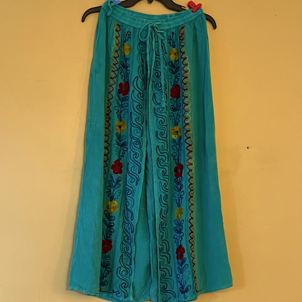 Ashley Taylor bohemian elastic drawstring waist, palazzo split wrap pant.